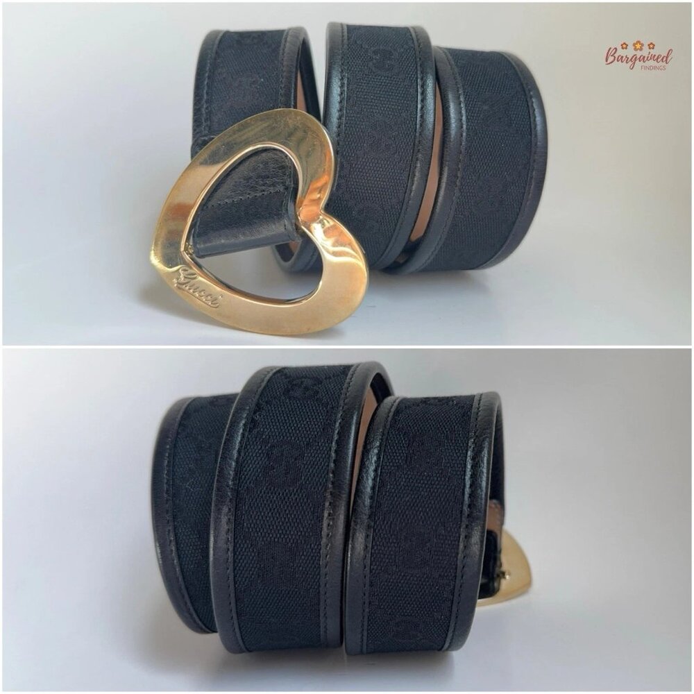 Authentic Gucci Black Monogram Canvas Leather Gold Heart Buckle Belt Size 75/30 - Picture 8 of 13